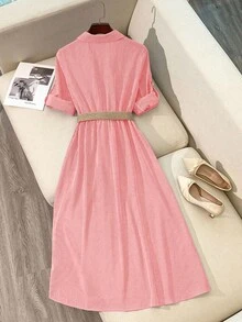 Franclia Đầm sơ mi nữ kẻ sọc tay áo bo gấu, cài cúc đơn, có túi, kiểu dáng thường ngày. - Nhiều màu - Xem 2