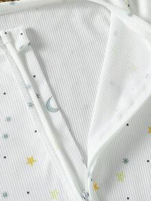 SHEIN Vintaside Kids 2件装新生男婴罗纹针织长袖连体衣，按扣设计，薄荷绿和象牙白配色，星月图案 - 彩色 - 查看 7