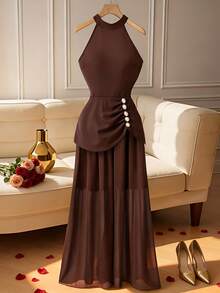 Franclia 女士露肩吊带雪纺拼接连衣裙，圣诞派对礼服，新年礼服，新年套装，女士新年服装，女士除夕礼服，感恩节礼服，优雅派对礼服 - 棕色 - 查看 3