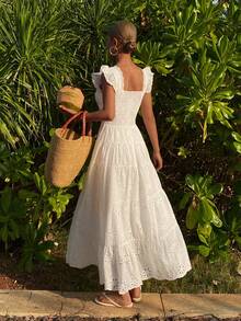 DAZY French Intricate Lace Embroidery V-Neck A-Line Dress With Flared Skirt - White - View 2