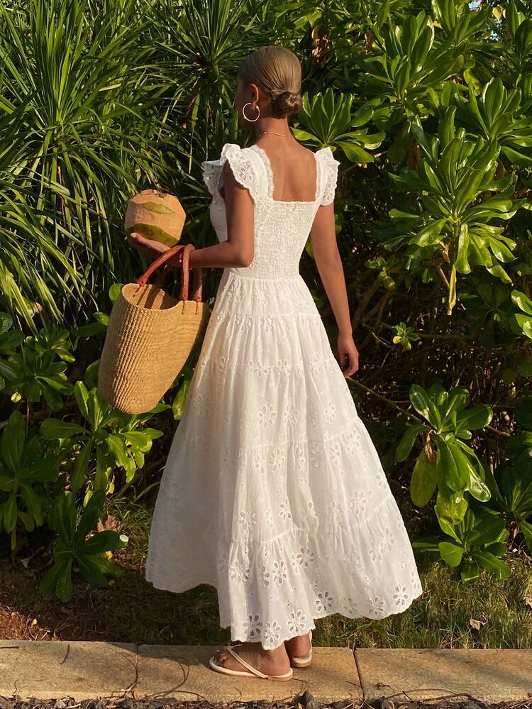 French Intricate Lace Embroidery V-Neck A-Line Dress With Flared Dress Sundress