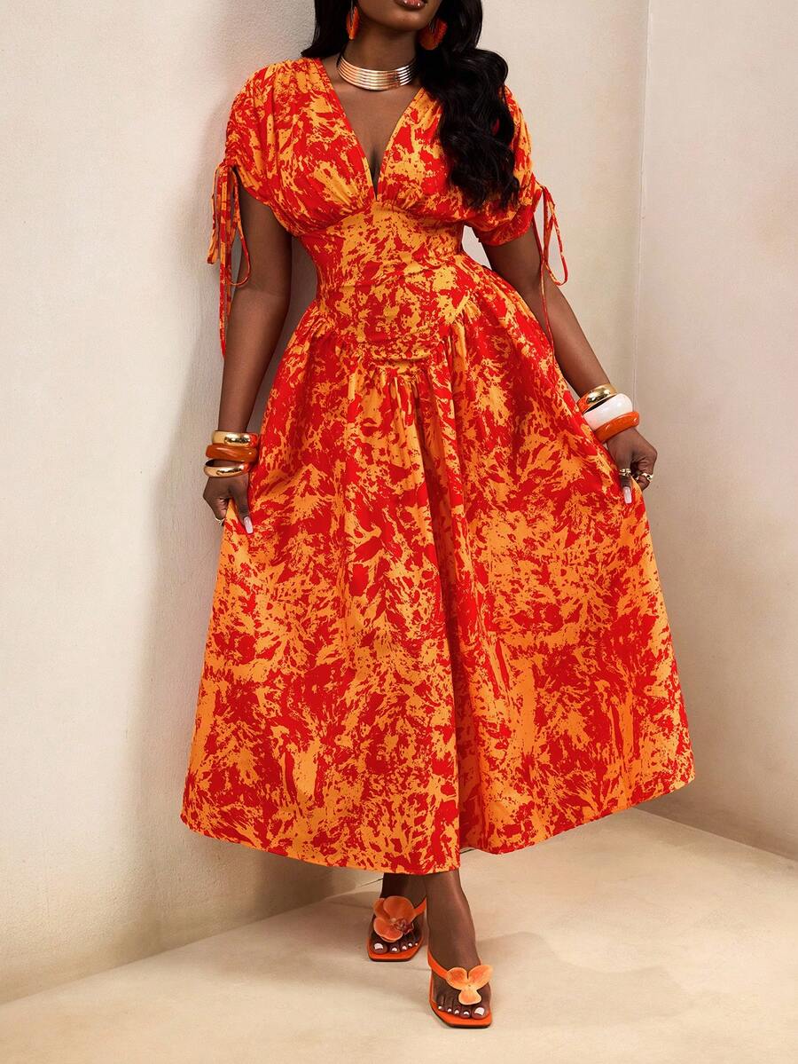 BamGleam 女士V领收腰短袖印花连衣裙 - 彩色 - 查看 1