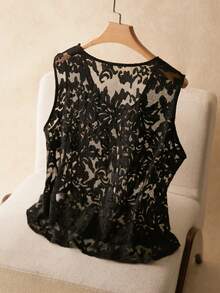 Elaquor Plus Size Women Black Lace Top,Elegant Formal V-Neck See Through Blouse,Summer Evening Wedding Guest Vest,Faux Pearl Single-Breasted Floral Patchwork - Black - View 2