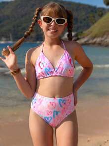 SHEIN 女童比基尼套装（8-14岁）可调节肩带热带印花防晒泳衣 - 彩色 - 查看 1