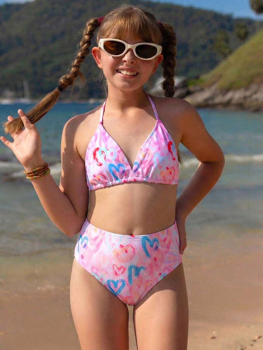 SHEIN 女童比基尼套装（8-14岁）可调节肩带热带印花防晒泳衣 - 彩色 - 查看 1