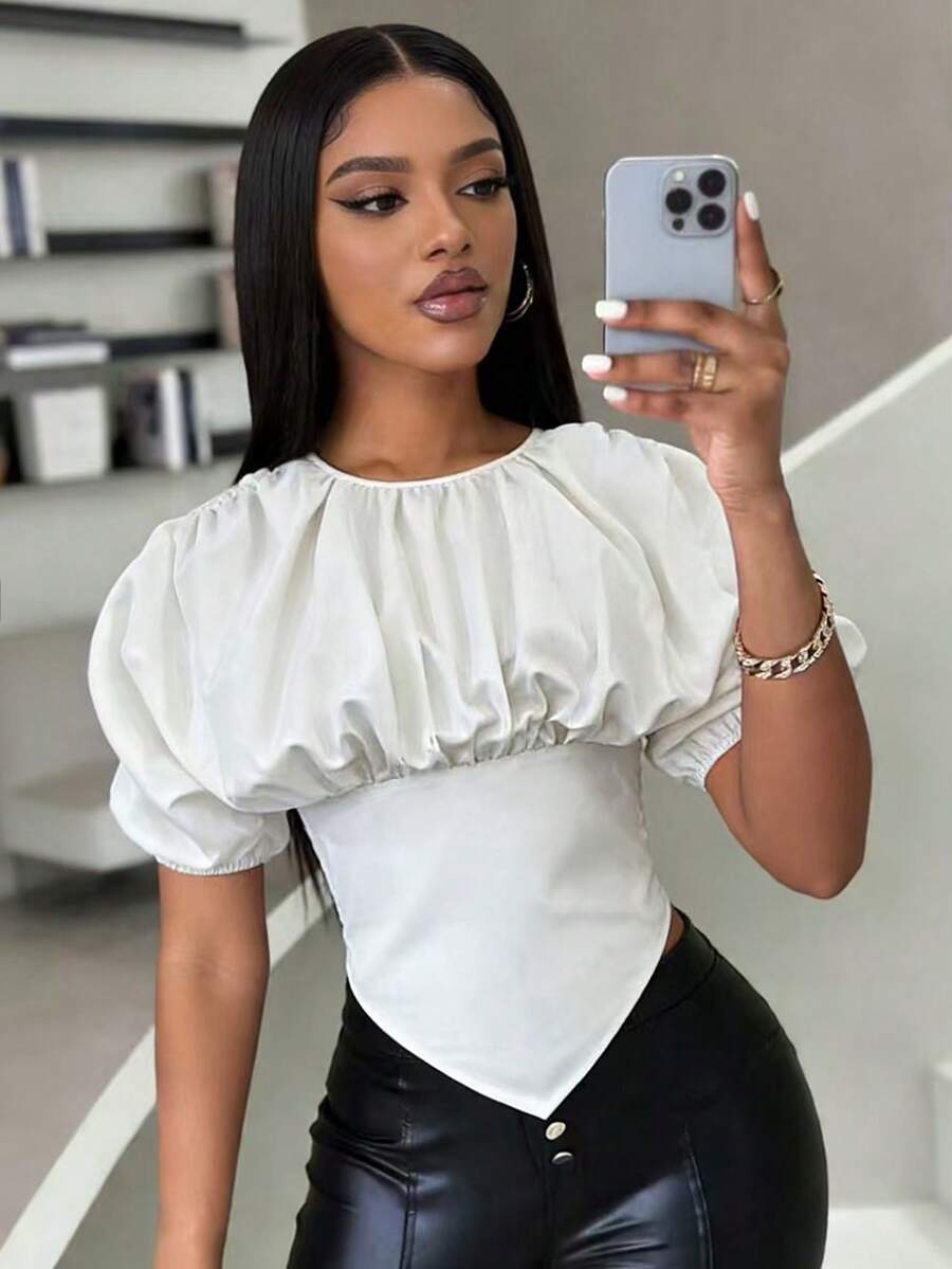 Xyvia Blusa de mujer de manga raglán con cuello redondo, cintura ceñida, elegante y casual, de estilo retro francés para primavera/verano - Blanco - Ver 1