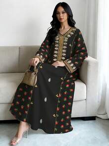 SHEIN Najma 女士花卉刺绣印花V领长袖优雅阿拉伯风格连衣裙，适合春秋季穿着 - 彩色 - 查看 3