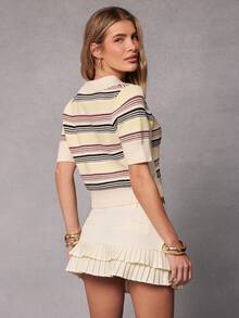 Hauture New Women's Turndown Collar Half-Zip Multi-Color Striped Knit Top - Apricot - View 2