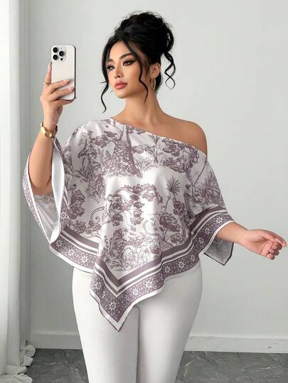 Elenzga Blusa holgada de manga de murciélago con estampado retro de puesta de sol, de cuello asimétrico, manga larga y bajo asimétrico, con abertura en el hombro, de estilo casual y versátil para todas las estaciones, para uso diario y salidas, talla grande