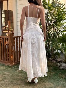 DAZY Textured Waist Cinching Midi Dress With Flared Skirt For Women - Beige - View 2