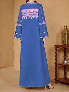 SHEIN Najma Women's Wavy Floral Retro Print V-Neck Long Sleeve Elegant Arabic Style Maxi Dress, Spring/Summer - Multicolor - View 2