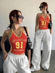 StreetHx 街头风女装休闲时尚撞色洛杉矶91号图案性感吊带背心 - 紅色 - 查看 5