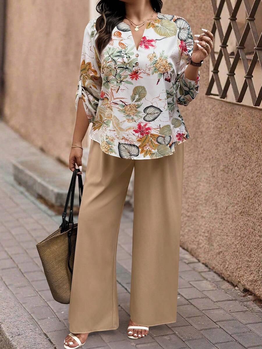 Breezaya Plus Size Floral Print Shirt And Pants Two Pieces Casual Vacation Set - Multicolor - View 1