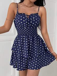 Breezaya Women's Polka Dot Print Waist Exposed Ruffle Hem Camisole Jumpsuit, Vacation - Multicolor - View 3