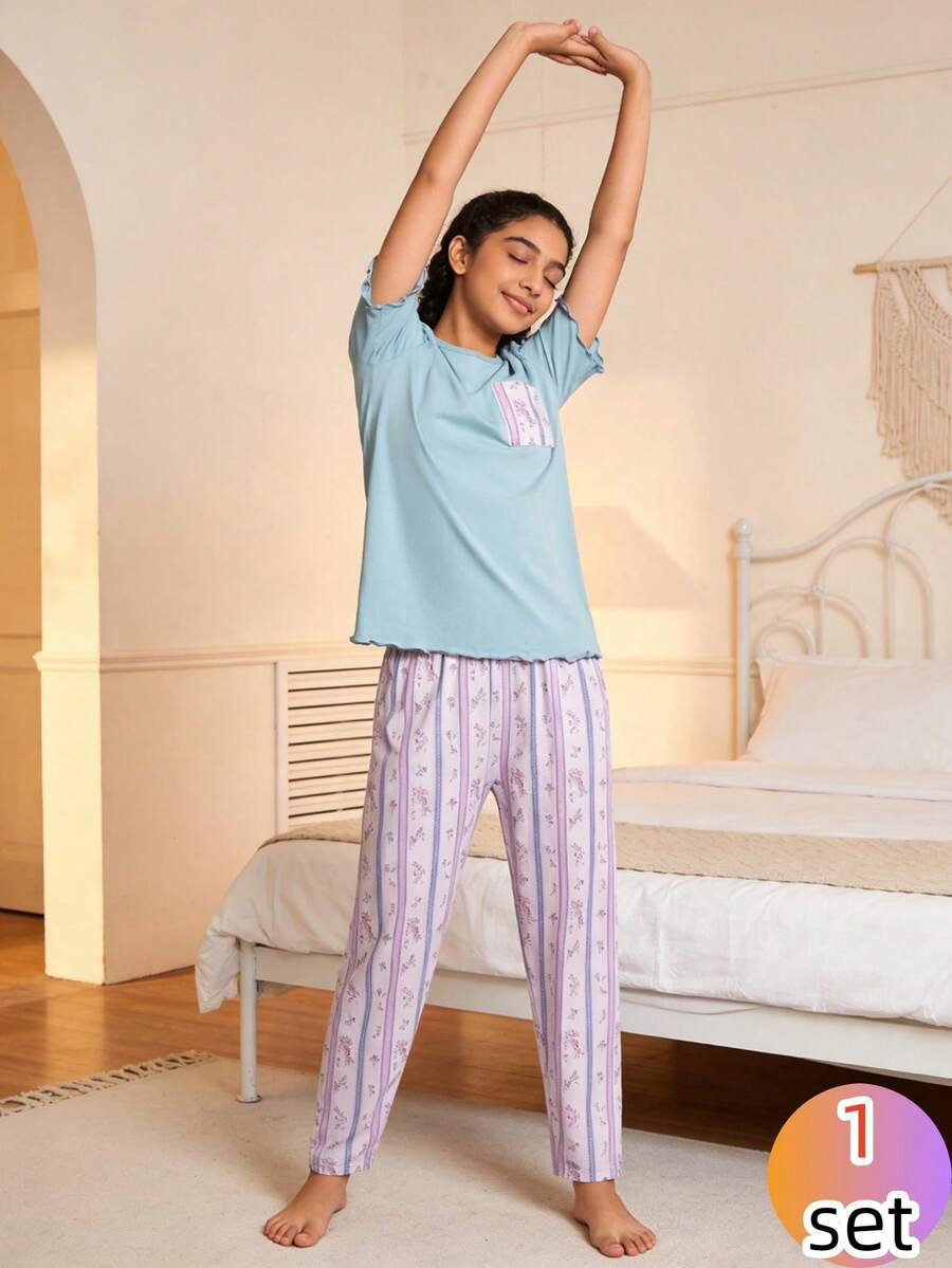 Girls Ditsy Floral Knit Casual Pajama Set With Short Sleeve Top And Long Pants, Fresh Home Wear For Spring/Summer - Multicolor - View 1