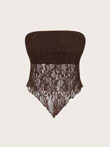 SHEIN EZwear Women's Sexy Casual Lace Fabric Asymmetrical Hem Tight Bandeau Top, Brown - Brown - View 7