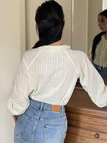 DAZY 女士休闲系带荷叶边领长袖衬衫 - 杏色 - 查看 2