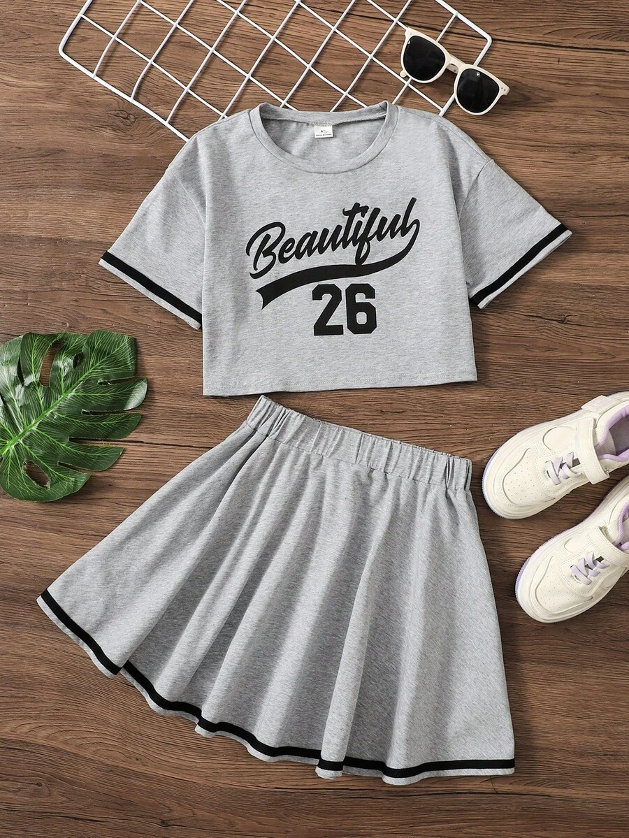 SHEIN Tween Girls Letter & Number Print Round Neck Short Sleeve T-Shirt And Mini Skirt Casual Outfit - Grey - View 1