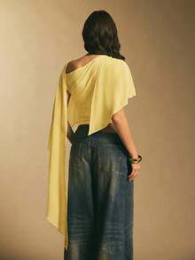 Poéselle Women's Solid Color Poncho Design Elegant Bodysuit - Yellow - View 6