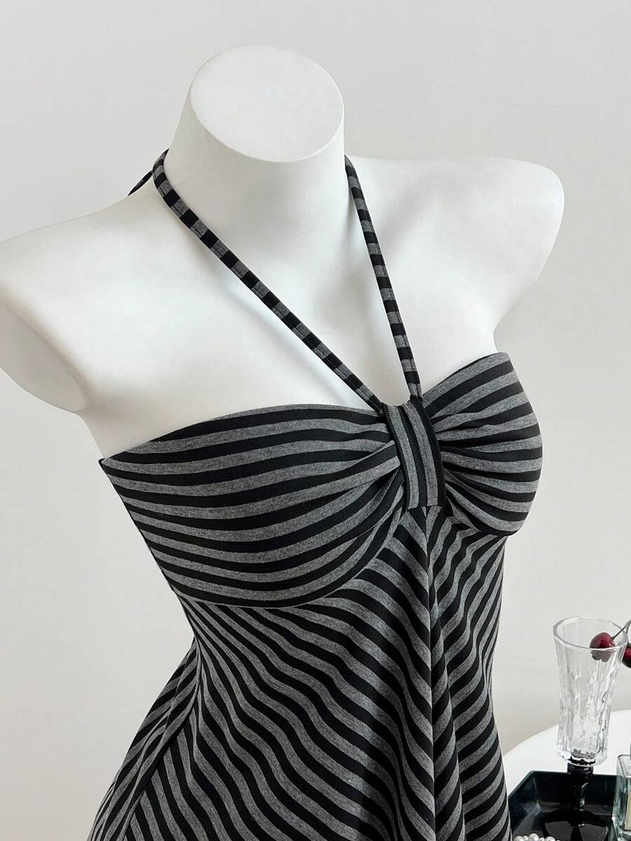 Elamini 女士灰色条纹休闲无袖吊带背心，百搭新款式，春秋季 - 灰色 - 查看 1