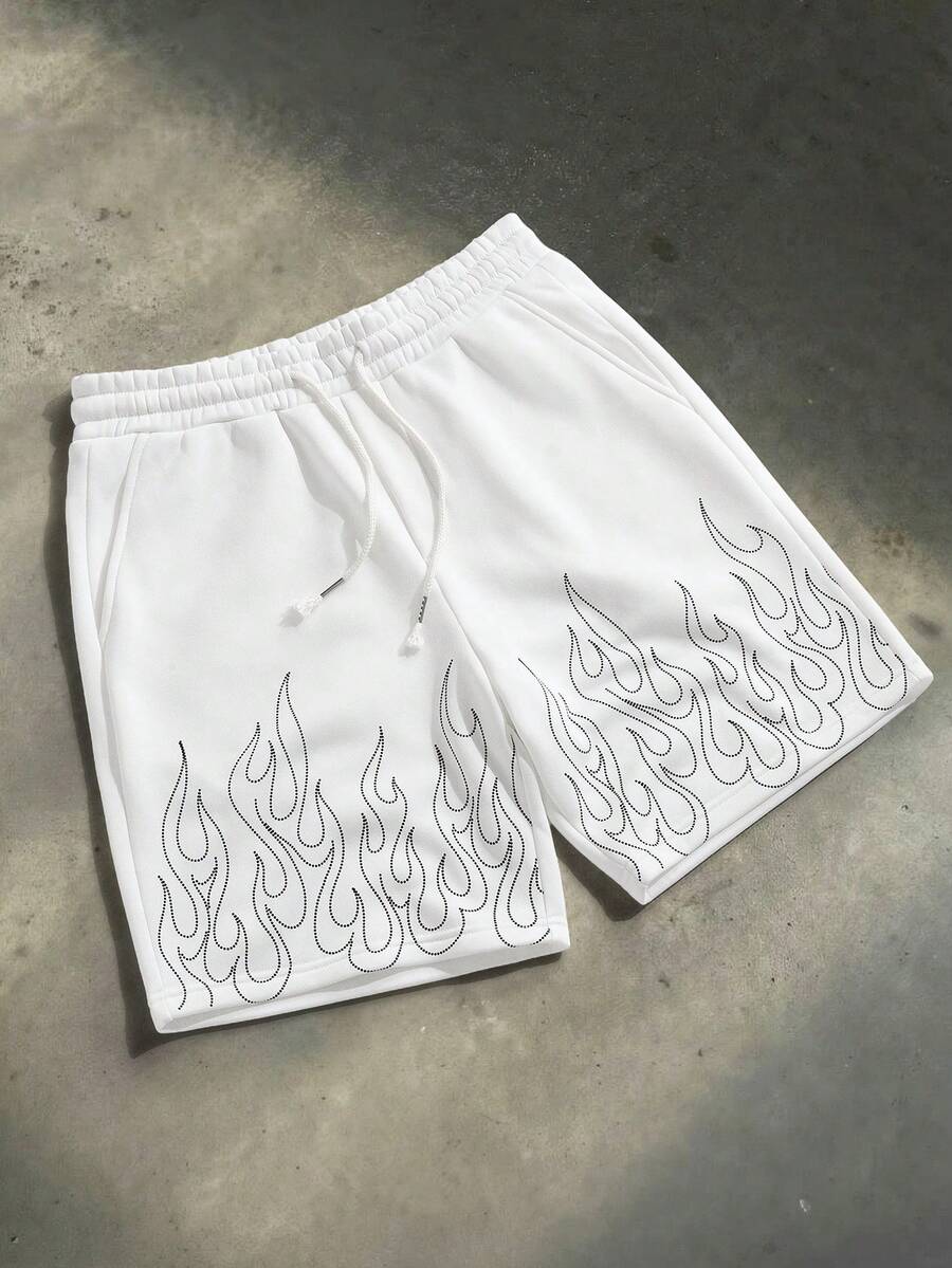 SWAVVY 男士抽绳腰带火焰印花休闲百搭日常短裤 - 白色 - 查看 1