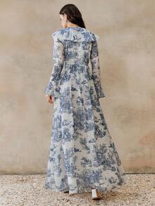 女士新款印花深V领荷叶边喇叭袖连衣裙，优雅时尚，春夏皆宜，夏季度假必备单品 - 藍色 - 查看 7