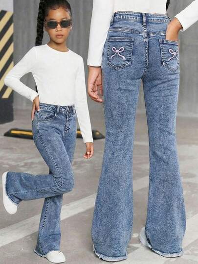 Tween Girls Vintage Wash Butterfly Embroidery High Waist Flare Jeans, Spring/Summer 2026 New Arrival. Elastic, Slim-Fit, Distressed Hem Design, Suitable For Daily Wear, School, Commute, Party, Home