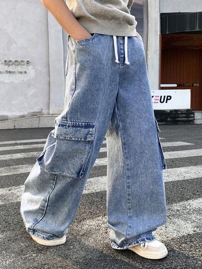 Little Byeori Quần jeans dáng rộng màu xanh dương, thời trang thường ngày phong cách Y2K vintage cá tính, cạp chun co giãn, thiết kế dây rút, thích hợp cho bé trai tuổi teen, trang phục đi làm, đồ mặc hàng ngày và trang phục dự tiệc mùa xuân hè, trang phục đường phố.