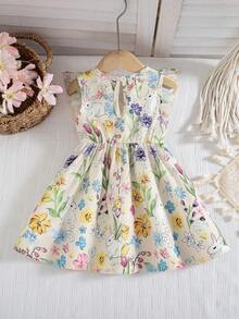 Souflis Souflis 1pc Baby Girls' Summer New Round Neck Dress, Cute Rabbit & Floral Print, Ruffle Trim, Elastic Waist, Big Bow Decor, Simple & Versatile Holiday Dress - Yellow - View 2