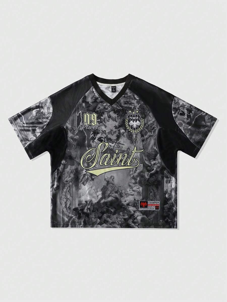 ROMWE MEN Street Life Men's Loose Fit Retro Print Patchwork Contrast Color T-Shirt - Black - View 1
