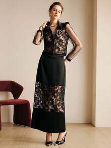 Arave Women's Woven Hollow-Out Lace Casual Vacation Style Short Sleeve Top And Long Skirt 2-Piece Set, Elegant Dress - Black - View 1