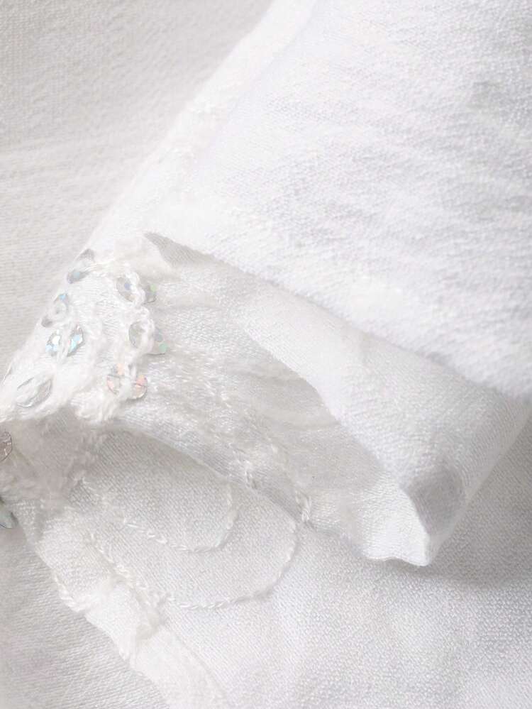 Women's Mandarin Collar Single-Breasted Floral Embroidery Pattern Lantern Sleeve Top And Shorts Casual Vacation 2-Piece Set