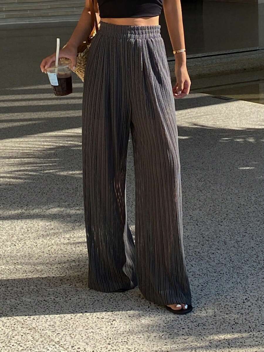 Livesso Women's Textured Hollow Striped Loose Casual Lightweight Outdoor Vacation Beach Straight Leg Pants, Spring/Summer - Dark Grey - View 1