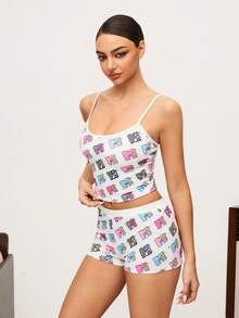 MTV | SHEIN 女士夏季字母图案吊带背心和短裤睡衣套装 - 白色 - 查看 3