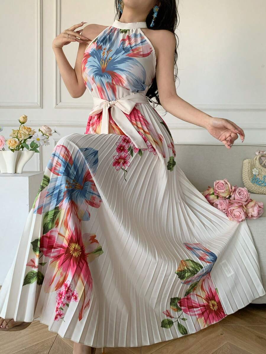 Celisse 女士优雅印花褶皱连衣裙，夏季 - 杏色 - 查看 1