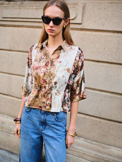 Lumivelle Women's Asymmetrical Vintage Print Loose Batwing Sleeve Elegant Vacation Blouse, Spring/Summer