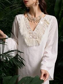 Al Najma V-Neck Fringed Embroidered Elegant Loose Long Sleeve Dress For Women - Apricot - View 2