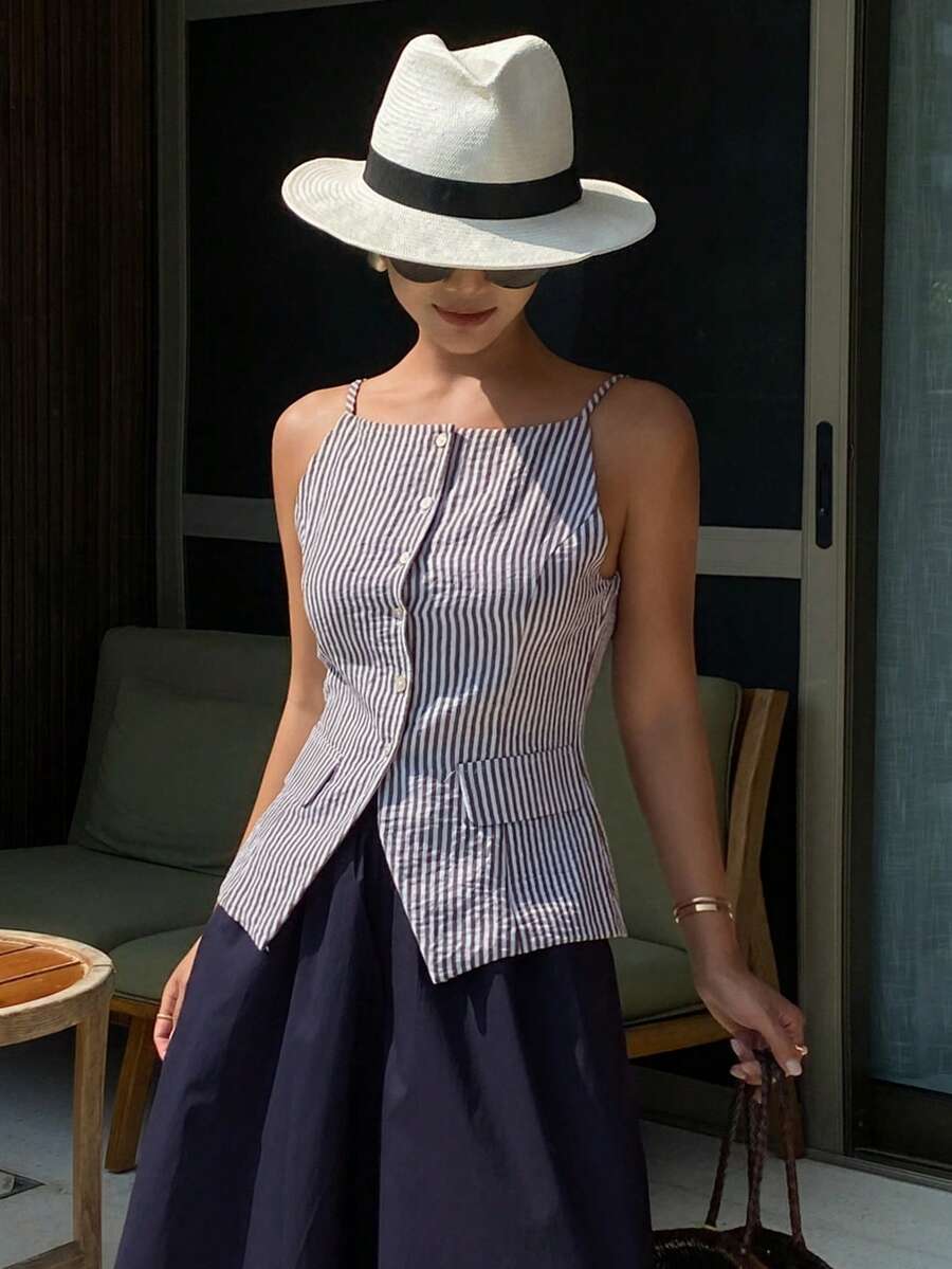 Livesso Camiseta sin mangas ajustada de mujer con rayas y abotonadura sencilla - Café integral - Ver 1