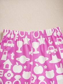 MTV | SHEIN Young Girl Summer Casual Cartoon Letter Print Short Sleeve T-Shirt And Shorts Pajama Set - Pink - View 6