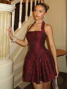 Glamine Charm Đầm, Đầm ngắn Jacquard cho nữ, Đầm hai dây cho nữ, Đầm chữ A cho nữ - Màu Đỏ Sâu - Xem 1