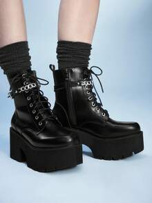 Sugerpunk Giày bốt nữ cổ thấp kiểu punk cổ điển, mũi tròn, gót dày, bốt đế xuồng phong cách Gothic cho các bữa tiệc đêm, bốt chiến đấu thoải mái. - màu đen - Xem 7