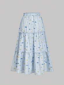 SHEIN MOD Women's Plaid Casual Mini Skirt,Summer,Vacation Outfits, Retro, Vintage,Country Outfits,  Going Out,Teacher Outfits For Women,Date, Picnic, Party, Prom, Festival,Birthday Wear, Cottagecore Dress,Tea Party Dress,Milkmaid Dress,French Style Dress,Floral Print Dress - Blue and White - View 3