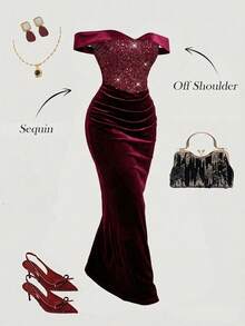 SHEIN MOD 大码女式红色露肩丝绒连衣裙，饰有亮片刺绣，尽显奢华皇家风范，Y2K风格，完美适用于约会之夜、派对、皇家庆典、节日及生日装扮。 - 酒紅色 - 查看 1