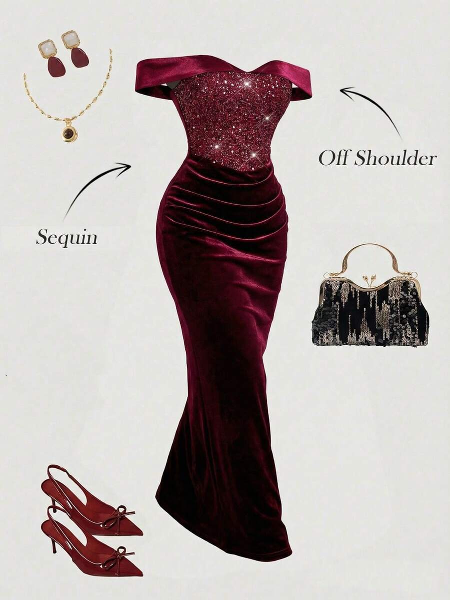 SHEIN MOD 大码女式红色露肩丝绒连衣裙，饰有亮片刺绣，尽显奢华皇家风范，Y2K风格，完美适用于约会之夜、派对、皇家庆典、节日及生日装扮。 - 酒紅色 - 查看 1