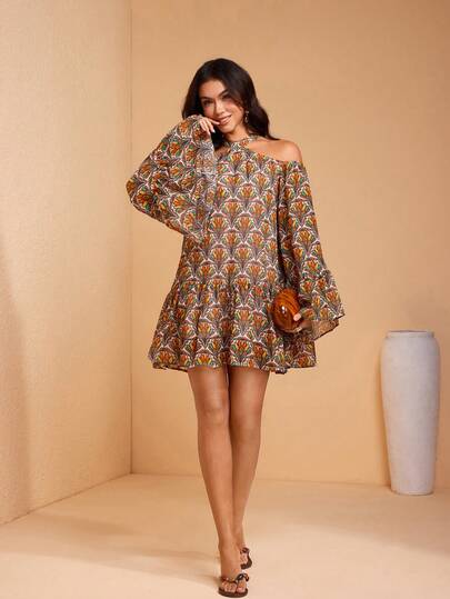 JIAN LASALA Chiffon-Minikleid mit Allover-Muster, Neckholder, Off-shoulder, weiten Ärmeln und A-Linie Silhouette