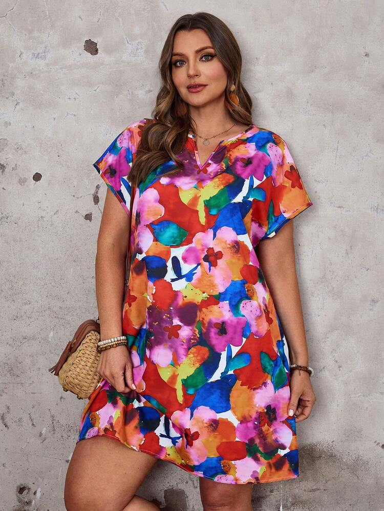 Plus Size Women Floral Print V-Neck Short Sleeve Casual Dress\Summer\Vacation\Flower, Summer Dress