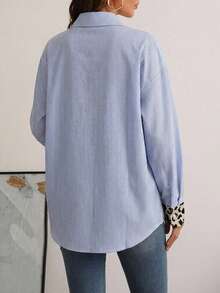 EURMUSE Leopard Detailed Button-Down Long Sleeve Blouse - Blue - View 2