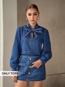 Selenza Women's Elegant Bowknot Strap Lightweight Woven Washed Denim Blouse, Blue - Dark Wash - View 1