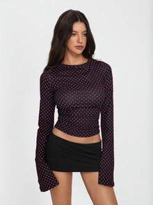 SHEIN Unity 女士时尚波点印花荷叶边喇叭袖短款T恤 - 黑色 - 查看 3