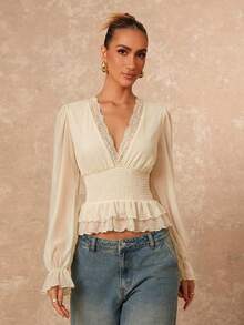 Lumalex Lace Trim Elastic Waist Soft Mesh Puff Sleeve Ruffle Hem Women Blouse - Apricot - View 6